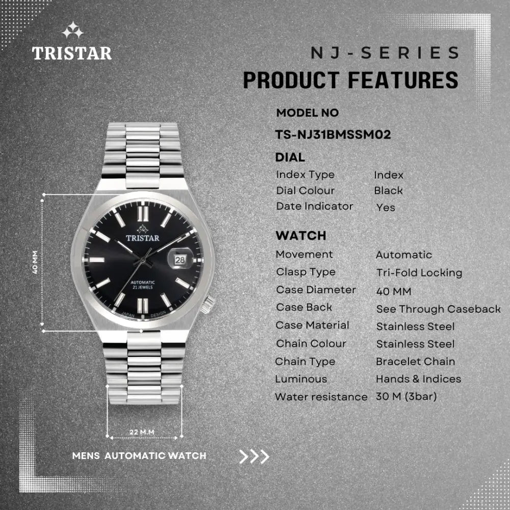 Tristar NJ31BMSSM02 Automatic Black Dial Stainless Steel Men's Watch