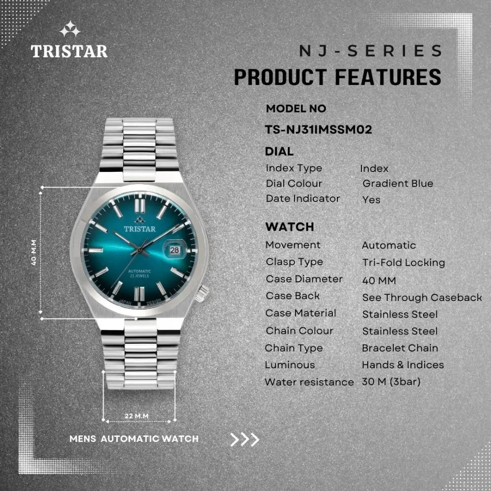 Tristar NJ31IMSSM02 Automatic Gradient Blue Dial Stainless Steel Men's Watch