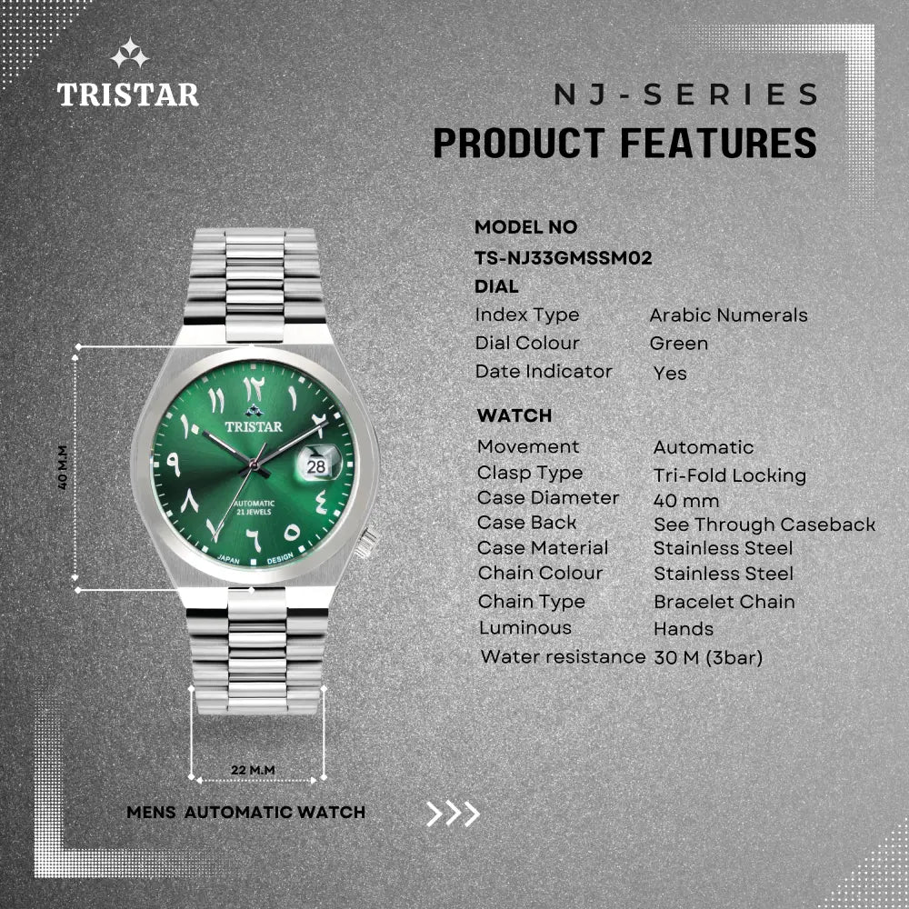 Tristar NJ33GMSSM03 Automatic Green Dial Arabic Dial Stainless Steel Men's Watch